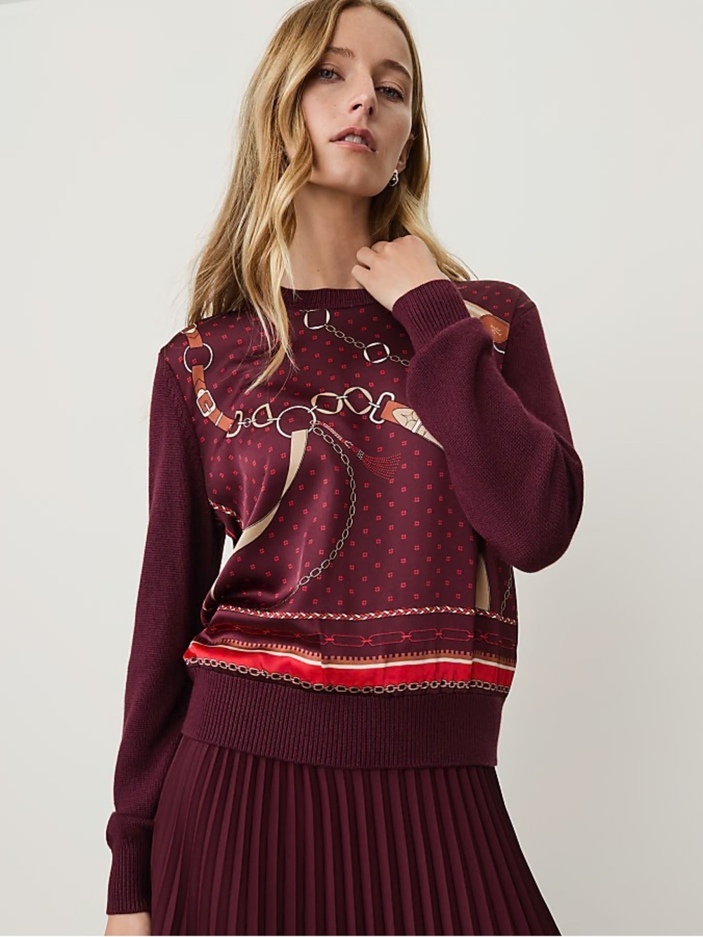 NWT Ann Taylor Printed Mixed Media Crew Neck Sweater